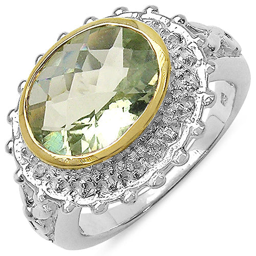 Two Tone Plated 4.16 Carat Genuine Green Amethyst & White Topaz .925 Sterling Silver Ring on sale at MyriadMart