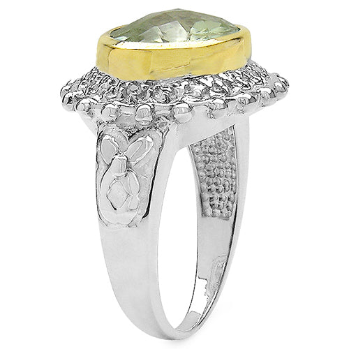 Two Tone Plated 4.16 Carat Genuine Green Amethyst & White Topaz .925 Sterling Silver Ring on sale at MyriadMart