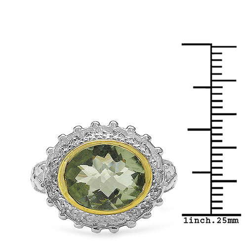 Two Tone Plated 4.16 Carat Genuine Green Amethyst & White Topaz .925 Sterling Silver Ring on sale at MyriadMart