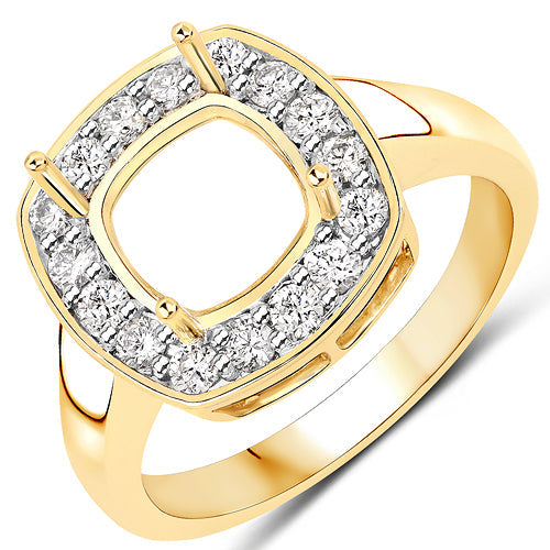 0.48 Carat Genuine White Diamond 14K Yellow Gold Semi Mount Ring - holds 8x8mm Cushion Gemstone on sale at MyriadMart