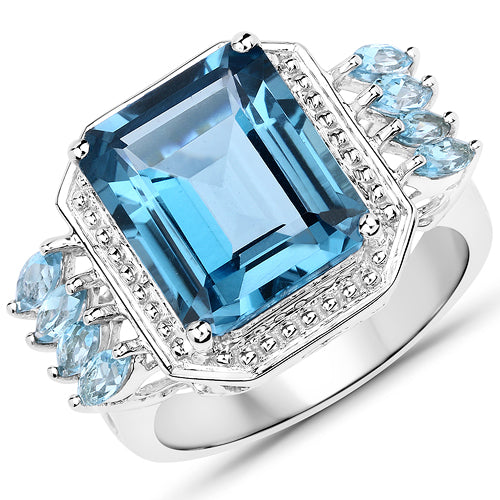 8.17 Carat Genuine London Blue Topaz and Swiss Blue Topaz 14K White Gold Ring
