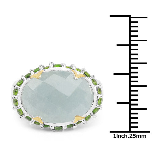 Two Tone Plated 9.12 Carat Genuine Milky Aquamarine and Chrome Diopside .925 Sterling Silver Ring on sale at MyriadMart