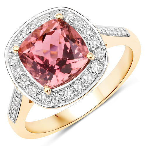 2.71 Carat Genuine Royal Pink Tourmaline and White Diamond 14K Yellow Gold Ring on sale at MyriadMart