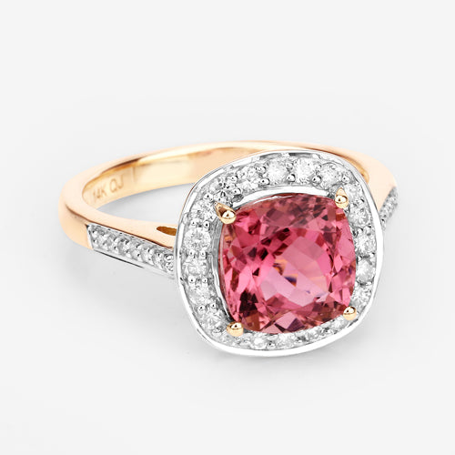 2.71 Carat Genuine Royal Pink Tourmaline and White Diamond 14K Yellow Gold Ring on sale at MyriadMart