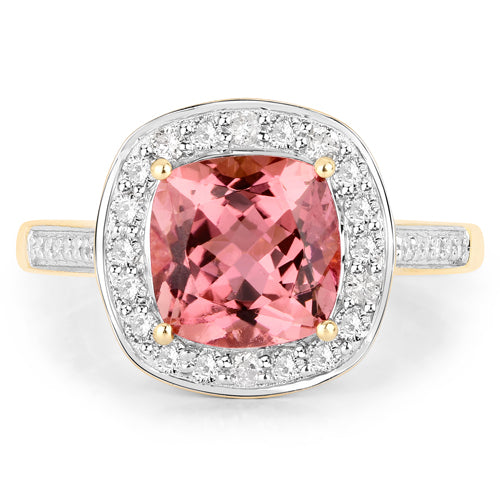 2.71 Carat Genuine Royal Pink Tourmaline and White Diamond 14K Yellow Gold Ring on sale at MyriadMart