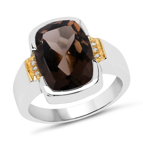 Two Tone Plated 5.51 Carat Genuine Smoky Quartz and White Topaz .925 Sterling Silver Ring on sale at MyriadMart