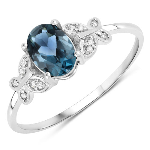 0.93 Carat Genuine London Blue Topaz and White Diamond 14K White Gold Ring on sale at MyriadMart