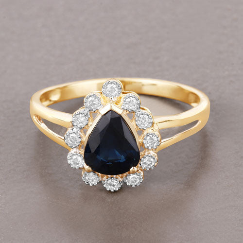 1.46 Carat Genuine Blue Sapphire and White Diamond 10K Yellow Gold Ring on sale at MyriadMart