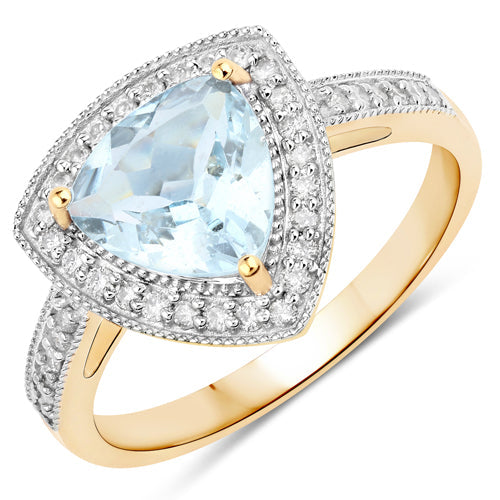 1.58 Carat Genuine Aquamarine and White Diamond 14K Yellow Gold Ring on sale at MyriadMart