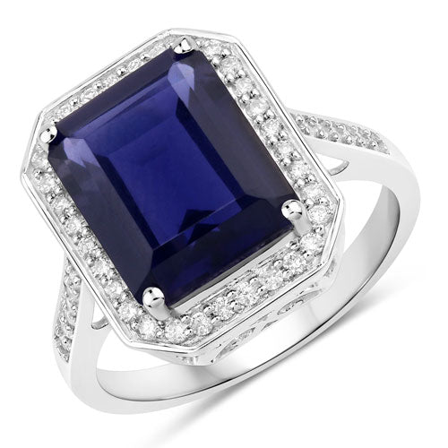 3.70 Carat Genuine Iolite and White Diamond 14K White Gold Ring on sale at MyriadMart