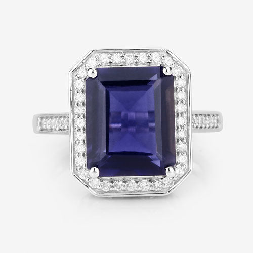 3.70 Carat Genuine Iolite and White Diamond 14K White Gold Ring on sale at MyriadMart