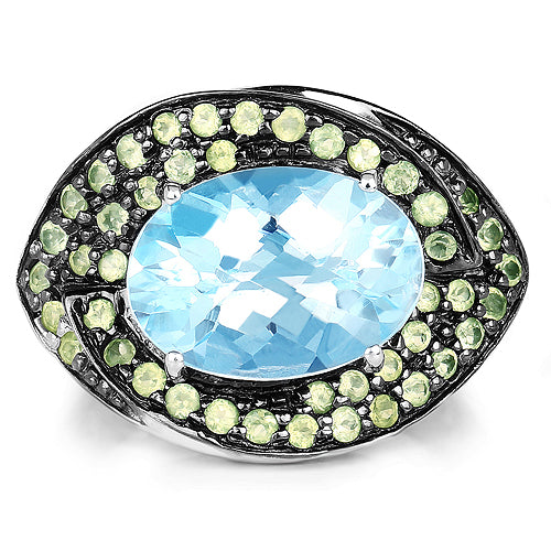 7.39 Carat Genuine Blue Topaz and Peridot .925 Sterling Silver Ring on sale at MyriadMart