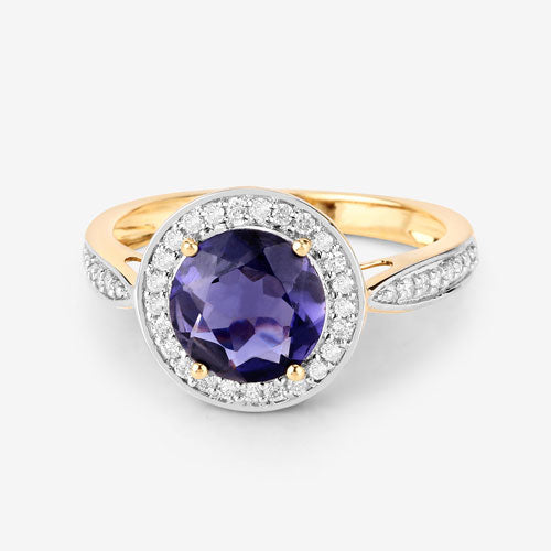 1.79 Carat Genuine Iolite and White Diamond 14K Yellow Gold Ring on sale at MyriadMart