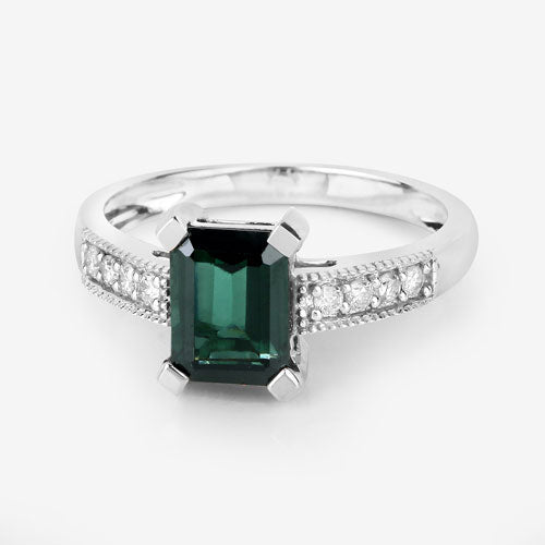 1.91 Carat Genuine Green Tourmaline and White Diamond 14K White Gold Ring on sale at MyriadMart