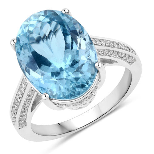 8.84 Carat Genuine Aquamarine and White Diamond 14K White Gold Ring on sale at MyriadMart