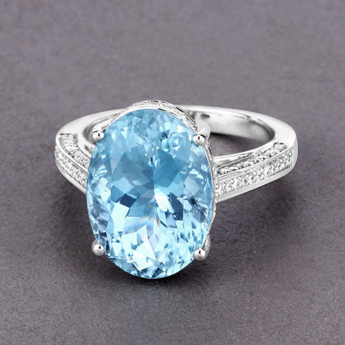 8.84 Carat Genuine Aquamarine and White Diamond 14K White Gold Ring on sale at MyriadMart