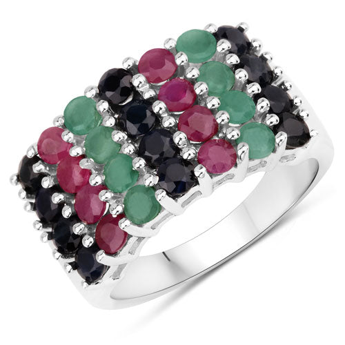 "3.40 Carat Genuine Emerald, Ruby and Black Sapphire .925 Sterling Silver Ring on sale at MyriadMart