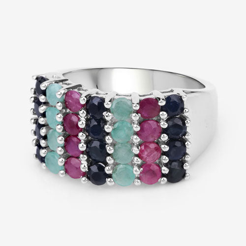 "3.40 Carat Genuine Emerald, Ruby and Black Sapphire .925 Sterling Silver Ring on sale at MyriadMart