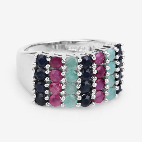 "3.40 Carat Genuine Emerald, Ruby and Black Sapphire .925 Sterling Silver Ring on sale at MyriadMart