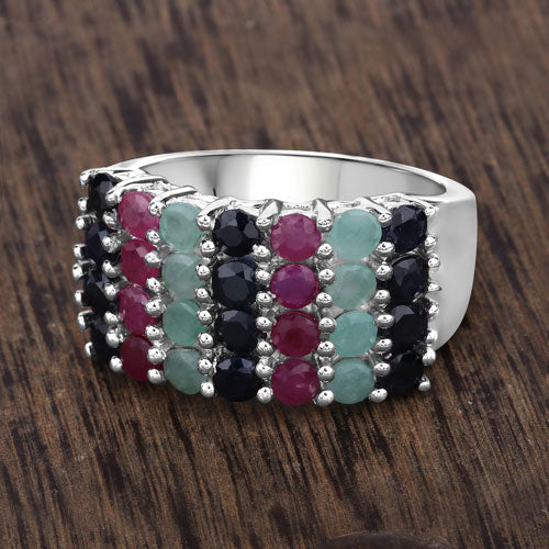 "3.40 Carat Genuine Emerald, Ruby and Black Sapphire .925 Sterling Silver Ring on sale at MyriadMart