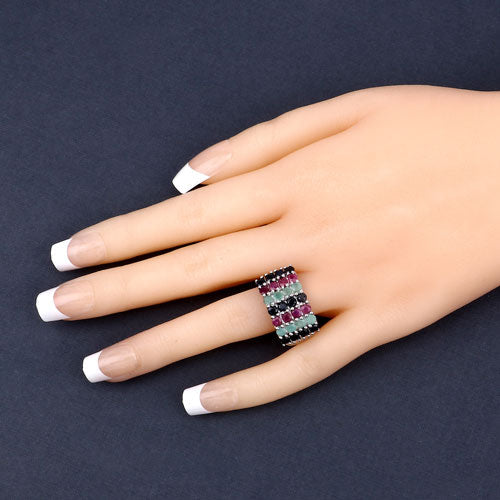 "3.40 Carat Genuine Emerald, Ruby and Black Sapphire .925 Sterling Silver Ring on sale at MyriadMart