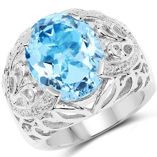 11.29 Carat Genuine Blue Topaz and White Topaz .925 Sterling Silver Ring on sale at MyriadMart