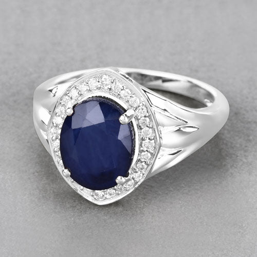 3.31 Carat Genuine Blue Sapphire and White Diamond 14K White Gold Ring on sale at MyriadMart