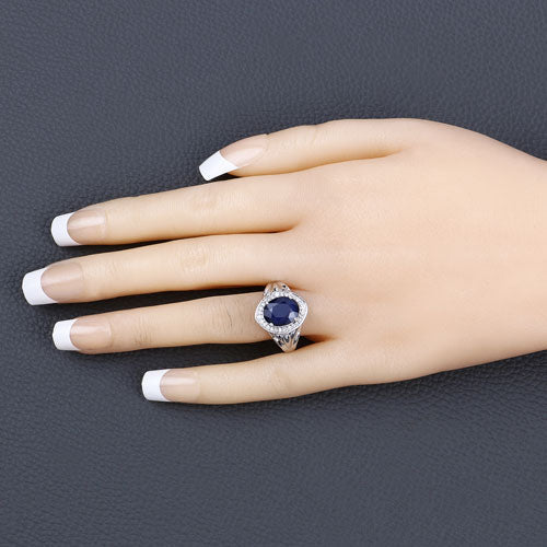 3.31 Carat Genuine Blue Sapphire and White Diamond 14K White Gold Ring on sale at MyriadMart