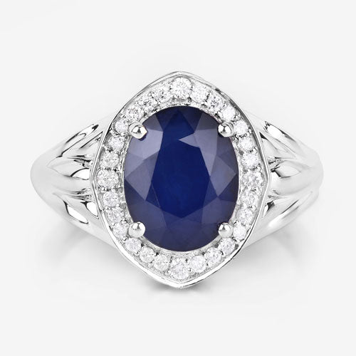 3.31 Carat Genuine Blue Sapphire and White Diamond 14K White Gold Ring on sale at MyriadMart