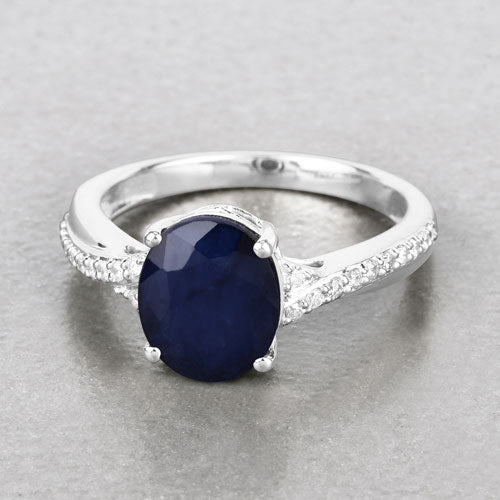 3.28 Carat Genuine Blue Sapphire and White Diamond 14K White Gold Ring on sale at MyriadMart