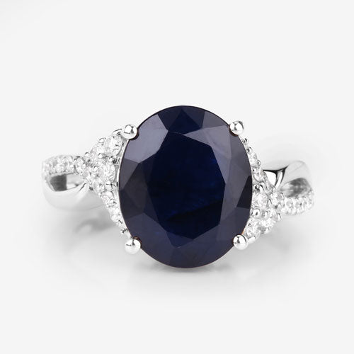 6.54 Carat Genuine Blue Sapphire and White Diamond 14K White Gold Ring on sale at MyriadMart
