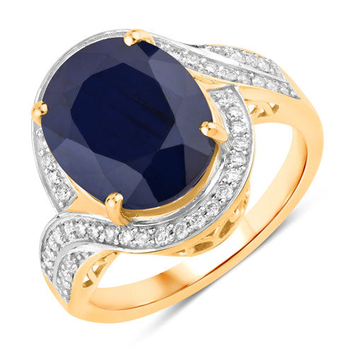 6.52 Carat Genuine Blue Sapphire and White Diamond 14K Yellow Gold Ring on sale at MyriadMart
