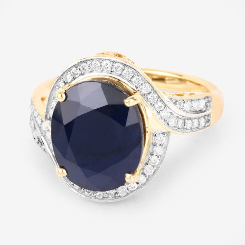 6.52 Carat Genuine Blue Sapphire and White Diamond 14K Yellow Gold Ring on sale at MyriadMart