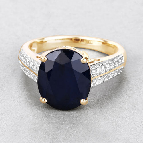 6.49 Carat Genuine Blue Sapphire and White Diamond 14K Yellow Gold Ring on sale at MyriadMart