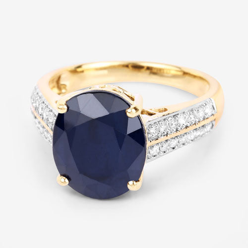 6.49 Carat Genuine Blue Sapphire and White Diamond 14K Yellow Gold Ring on sale at MyriadMart