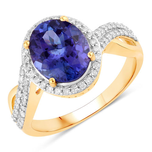 2.79 Carat Genuine Tanzanite and White Diamond 14K Yellow Gold Ring on sale at MyriadMart