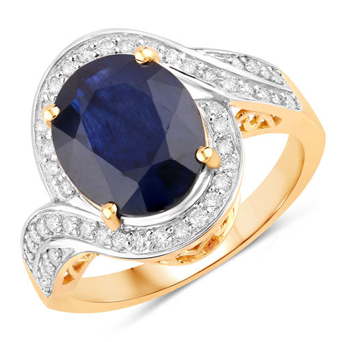 4.69 Carat Genuine Blue Sapphire and White Diamond 14K Yellow Gold Ring on sale at MyriadMart