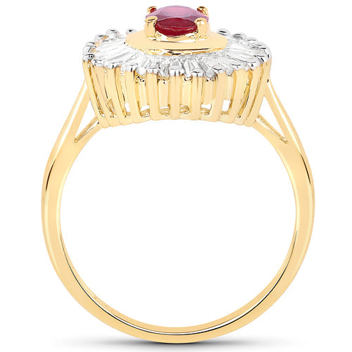 14K Yellow Gold Plated 2.44 Carat Glass Filled Ruby and White Topaz .925 Sterling Silver Ring on sale at MyriadMart