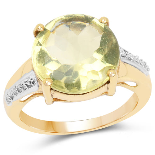 14K Yellow Gold Plated 9.26 Carat Genuine Lemon Topaz Buff Top and White Diamond Brass Ring on sale at MyriadMart