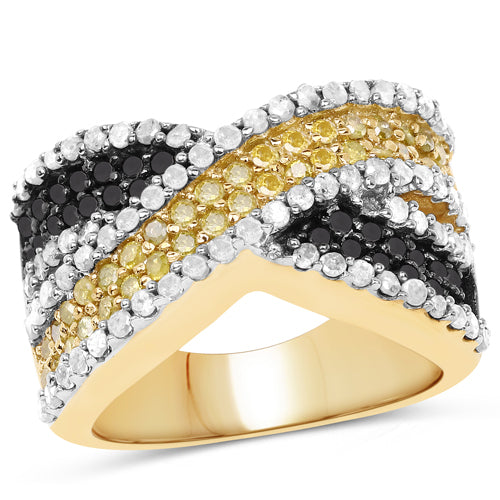 14K Yellow Gold Plated 1.58 Carat Genuine Black Diamond, White Diamond & Yellow Diamond .925 Sterling Silver Ring on sale at MyriadMart