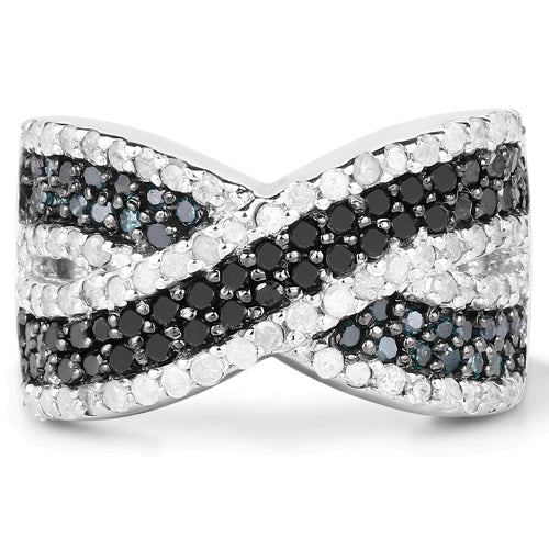 1.57 Carat Genuine Blue Diamond, White Diamond & Black Diamond .925 Sterling Silver Ring on sale at MyriadMart