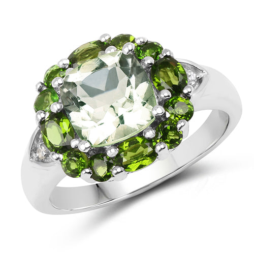 3.49 Carat Genuine Green Amethyst, Chrome Diopside & White Topaz .925 Sterling Silver Ring on sale at MyriadMart