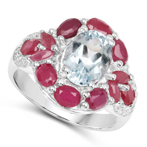 3.54 Carat Genuine Aquamarine, Ruby and White Topaz .925 Sterling Silver Ring on sale at MyriadMart