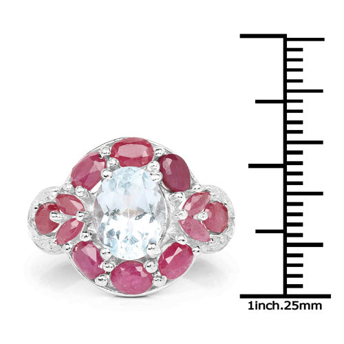 3.54 Carat Genuine Aquamarine, Ruby and White Topaz .925 Sterling Silver Ring on sale at MyriadMart