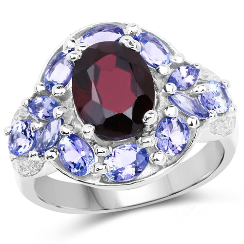 4.20 Carat Genuine Garnet, Tanzanite & White Topaz .925 Sterling Silver Ring on sale at MyriadMart