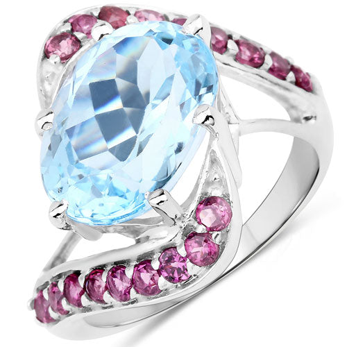 8.40 Carat Genuine Blue Topaz and Rhodolite .925 Sterling Silver Ring on sale at MyriadMart