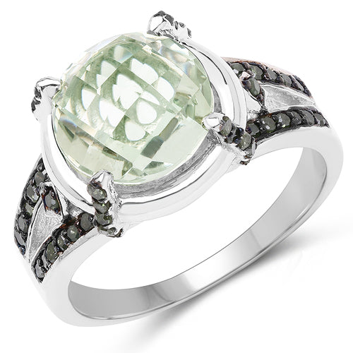 4.06 Carat Genuine Green Amethyst, Green Diamond & White Diamond .925 Sterling Silver Ring on sale at MyriadMart