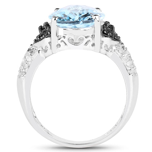 5.37 Carat Genuine Swiss Blue Topaz, Black Diamond & White Topaz .925 Sterling Silver Ring on sale at MyriadMart