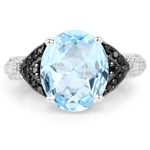 5.37 Carat Genuine Swiss Blue Topaz, Black Diamond & White Topaz .925 Sterling Silver Ring on sale at MyriadMart
