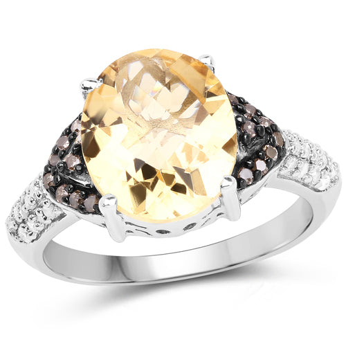 4.65 Carat Genuine Citrine, Champagne Diamond & White Diamond .925 Sterling Silver Ring on sale at MyriadMart